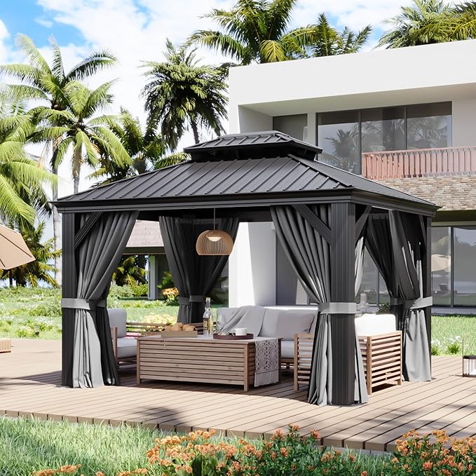 Aoxun 10' X 12' Hardtop Gazebo with Drainage System, Aluminum Outdoor Gazebo with Galvanized Steel Double Roof, Patio Permanent Metal Pavilion with Netting, for Garden, Deck, Grey