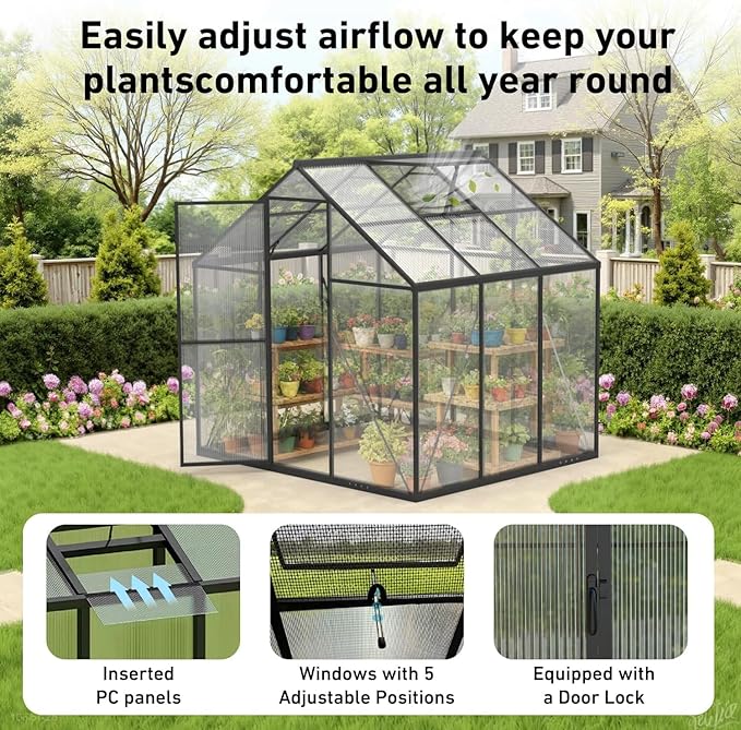 6x6 FT Greenhouse, Outdoor Walk-in, Aluminum Frame & Polycarbonate Panels, Sliding Lockable Door, Screened Vent Window, Ground Nails, Quick Setup for Garden Backyard, Black