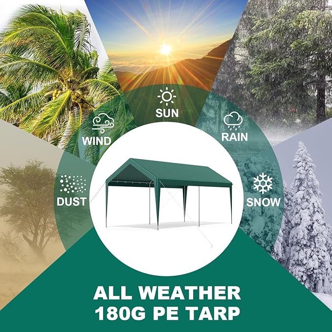 12x20FT Heavy Duty Carport, Portable Car Canopy Garage Boat Shelter Party Tent, UV Resistant Waterproof Carport Canopy with Four Wind-Resistant Ropes, Green