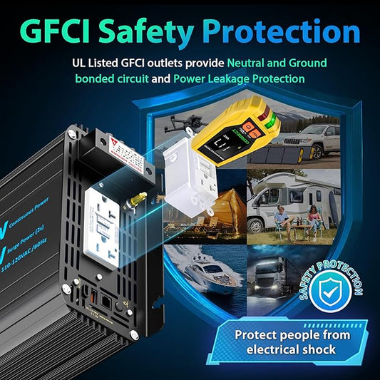 3000 Watt Power Inverter Pure Sine Wave with 6100Watt Surge for 2S 12V DC to 120V AC Converter,UL Listed GFCI outlets, Lithium Battery Compatible for RVs,Off-Grid Solar Power Inverter by GIANDEL