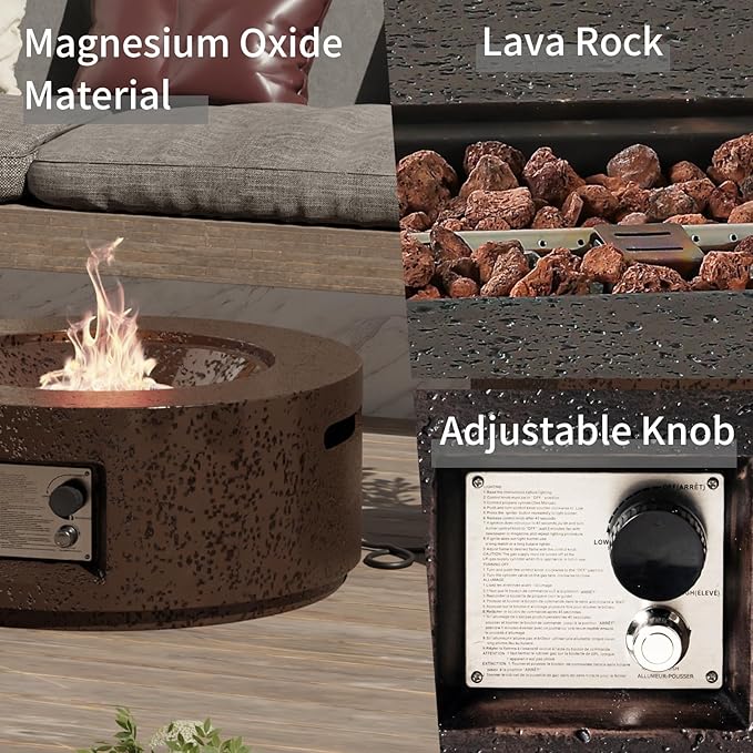 SUNBURY Outdoor Fire Pit, 28 inches Round Propane Gas Patio Fire Table 40,000 BTU Concrete Travertine Design, Circular Base Small Firepit with Lava Rocks, Waterproof Cover (Dark Brown)