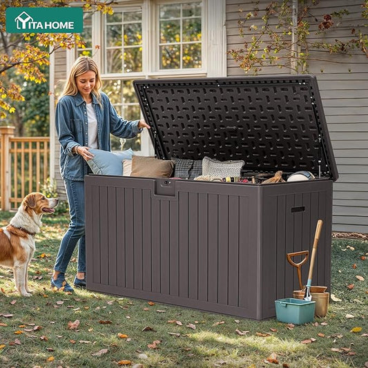 YITAHOME 200 Gallon Extra Large Deck Box, Double-Wall Resin Outdoor Storage Box with Flexible Divider for Patio Cushions Pool Supplies Garden Tools, 990 lbs Load Capacity, Lockable (Brown)