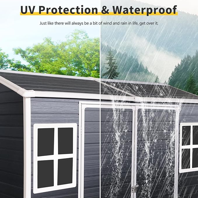 8x4 ft Outdoor Resin Storage Shed with Floor, Waterproof Plastic Garden Shed with Lockable Door and Two Windows, All-Weather Tool Sheds for Backyard, Patio, Lawn (Black)
