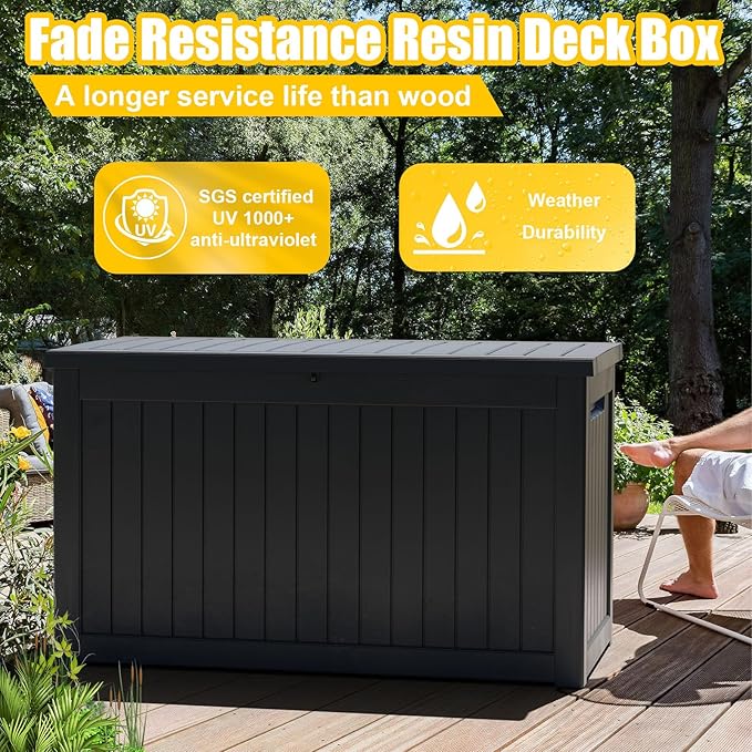 Vixzen 280 Gallon Resin Deck Box, Lockable Outdoor Storage Box for Patio Cushions Storage Furniture,Garden Tools, Pool Supplies, Weatherproof and UV Resistant- Black