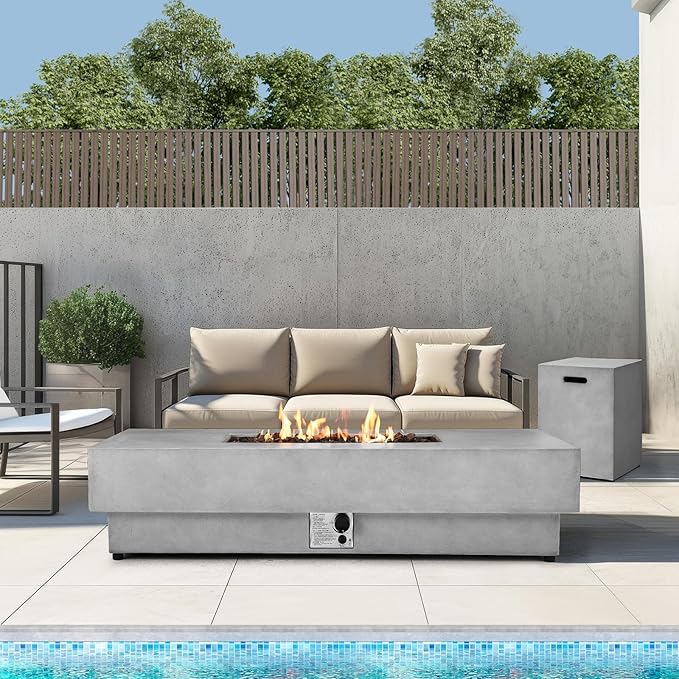 60-inch Outdoor Propane Fire Pit Coffee Table with Tank Cover, 50,000 BTU Concrete Rectangle Modern Outside Fire Table, Auto-Ignition, Included Lava Rocks, Metal Lid & Waterproof Cover