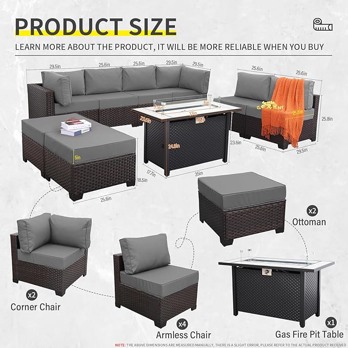 9 Pieces Wicker Patio Furniture Set Outdoor PE Rattan Sectional Conversation Sofa Set with Grey Cushions and 45” Gas fire Pit Table