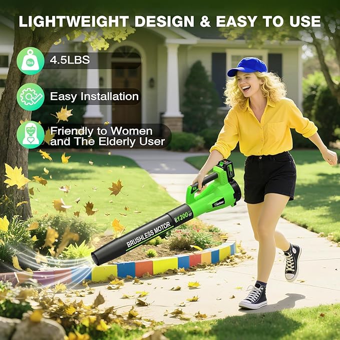 Tietoc Leaf Blower Cordless, 1200W Brushless Electric Leaf Blower with 2 X 5.0Ah Battery, 6 Speed Powerful Leaf Blowers for Garden, Lawn Care, Christmas Stocking Stuffers Gifts for Women Men(Green)