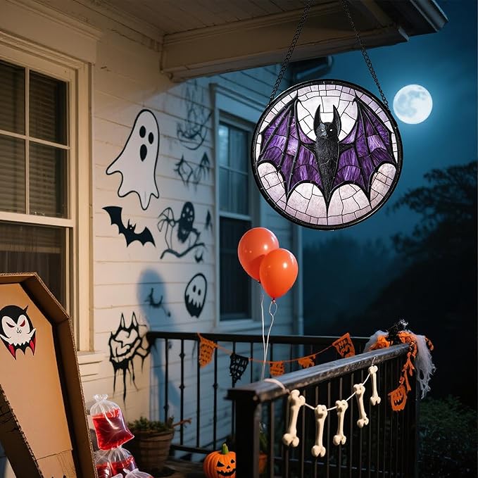 CRISGIF Stained Glass Window Hanging - Halloween Black Bat Purple Wings Monster Suncatcher for Doors Garden Home Spooky Sun Catchers Gothic Decor Horror Gift for Women Men Friend Boy Girl 9.8 in
