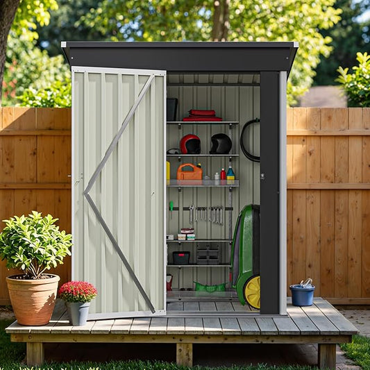 Greesum 5×3 FT Outdoor Storage Shed, Metal Storaged Sheds Without Floor, Tool Sheds with Lockable Doors and Sloping Roof for Garden, Patio, Backyard, White