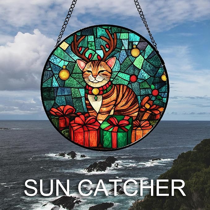 CRISGIF Stained Glass Window Hanging Cat with Elk Antlers 7.8" - Suncatcher Door Garden Sun Catcher Home Decor Birthday Christmas for Lost Pets Mom Men Woman Nana