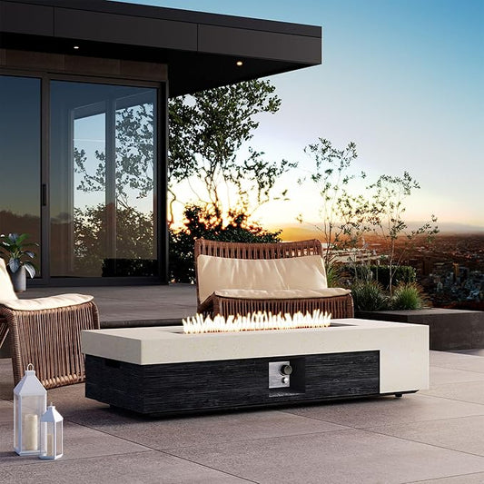 COSIEST 56" Outdoor Propane Fire Pit Table Rectangle Gas Fire Pit Table with Concrete & Wood Grain Design, 50000BTU Electronic Ignition Fire Tables for Patio, Backyard, Garden Heating