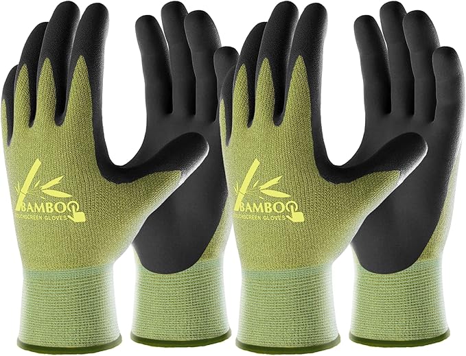 COOLJOB 2 Pairs Gardening Gloves for Women and Men, Bamboo Working Gloves Touchscreen, Grippy Nitrile Rubber Coated Work Gloves, Green/Black, Small Size (2 pairs S)