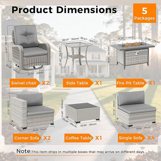 8-Seat Outdoor Wicker Patio Furniture Set with Fire Pit Table, Modular Rattan Sectional Sofa & 2 Swivel Rocking Chairs, 4" Thick Cushions, Rust-Resistant Frame,Gray