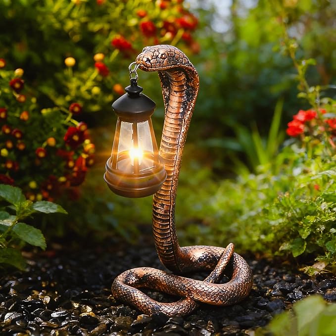 QZJDDZSW Solar Garden Outdoor Statues Snake with Solar Lights Outdoor Chrismtas Decorations - Lawn Decor Snake Statue for Patio, Balcony, Yard Ornament - Unique Housewarming Gifts（11.22" Brass Color