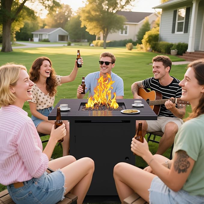 30'' Propane Fire Pit Table, 50000 BTU Gas Fire Pits Table with Removable Lid and Lava Rock, Square Fire Table with Cover, Ideal for Dining or Party on Patio, Garden, Yard, Black