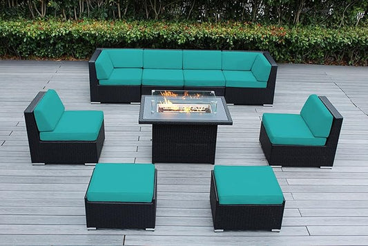 9 Piece Ohana Outdoor Patio Furniture Black Wicker Conversation Set with Fully Assembled Sectional and 42-inch Propane Gas Fire Table