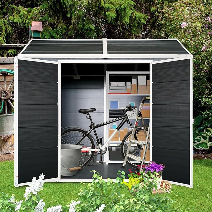 8x4 ft Outdoor Resin Storage Shed with Floor, Waterproof Plastic Garden Shed with Lockable Door and Two Windows, All-Weather Tool Sheds for Backyard, Patio, Lawn (Black)