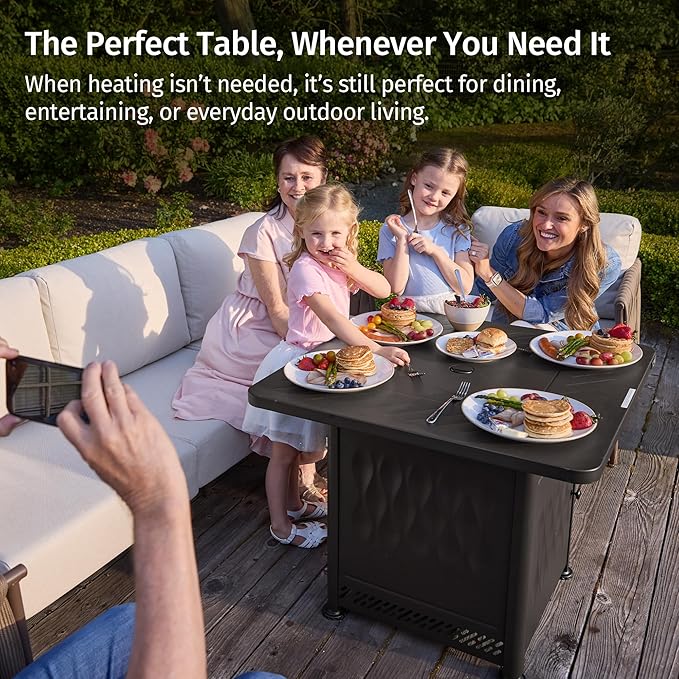 EAST OAK 28" Upgraded Outdoor Fire Pit Table | 52,000 BTU Fire Pit Table for Outside with Magnetic Lid | Storage Basket & Lava Rocks | CSA Certified for Patio, Garden & Backyard | Black