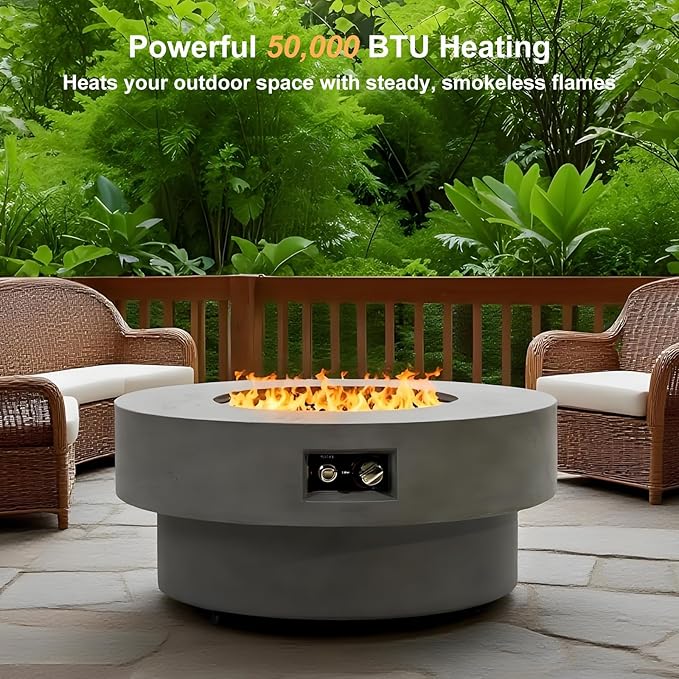 Propane Fire Pit Table, 34" Firepits for Outside, Gas Fire Pit for Outside Patio, Propane Fire Table with Burner Lid for Patio, Pool, 50000BTU, Tank Outside, Tank Not Included, Cement Grey