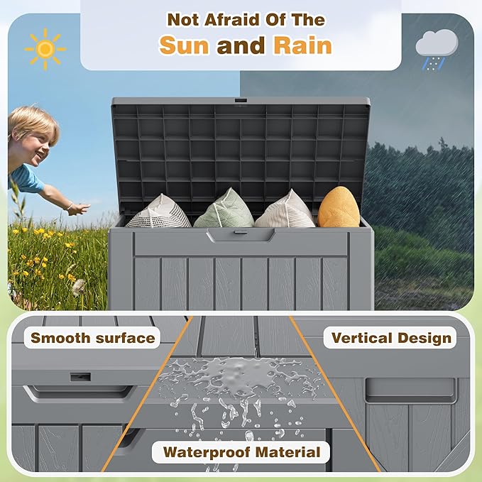 Flamaker Resin Deck Box 40 Gallon Waterproof Outdoor Indoor Storage Box Imitation Wood Resin for Patio Furniture Garden Tools and Pool (Gray)