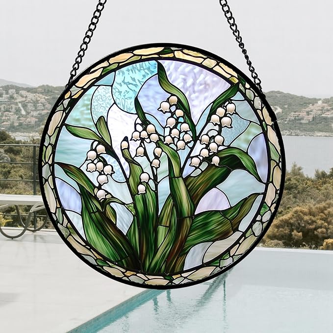 AMDERVEN Stained Glass Window Hanging, White Green Lily of The Walley Flowers Sun Catcher for Door Home Decor Plants Suncatcher Christmas Mother's Day Birthday Gifts for Women Men Mom Nana 11.8 in