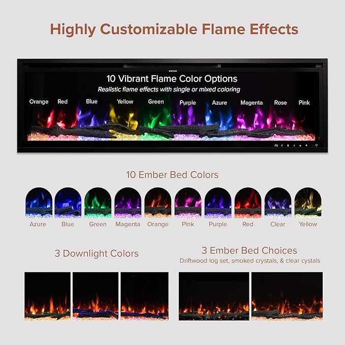 Modern Ember Highmark 100 Inch Smart Linear Electric Fireplace - Premium Flame with 10 Colors, Sleek Hidden Vent Design, Install Recessed in-Wall or Wall-Mount, WiFi Enabled