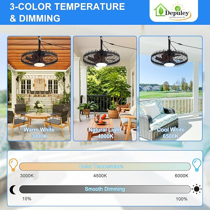 Depuley Gazebo Fans Outdoor Hanging: 20 Inch Black and Walnut Plug In Caged Outdoor Fan with Light and APP Remote Control - Waterproof Ceiling Fan for Patio Porch Pergola Reversible DC Motor