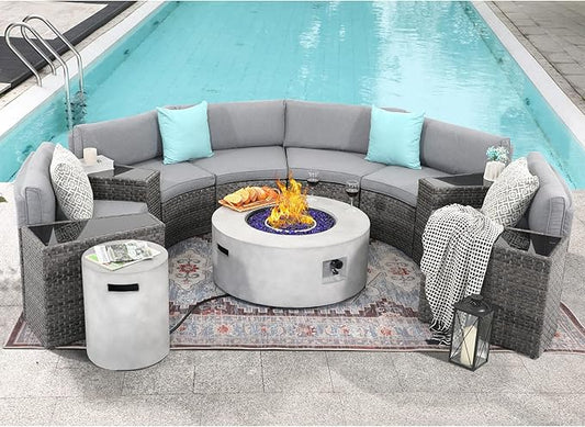 SUNSITT Outdoor 36’’ Propane Fire Pit with Tank Table 50,000 BTU Round Patio Propane Firepit Table with Tank Holder, Pit Cover, Metal Lid & Fire Glass, Grey Finish