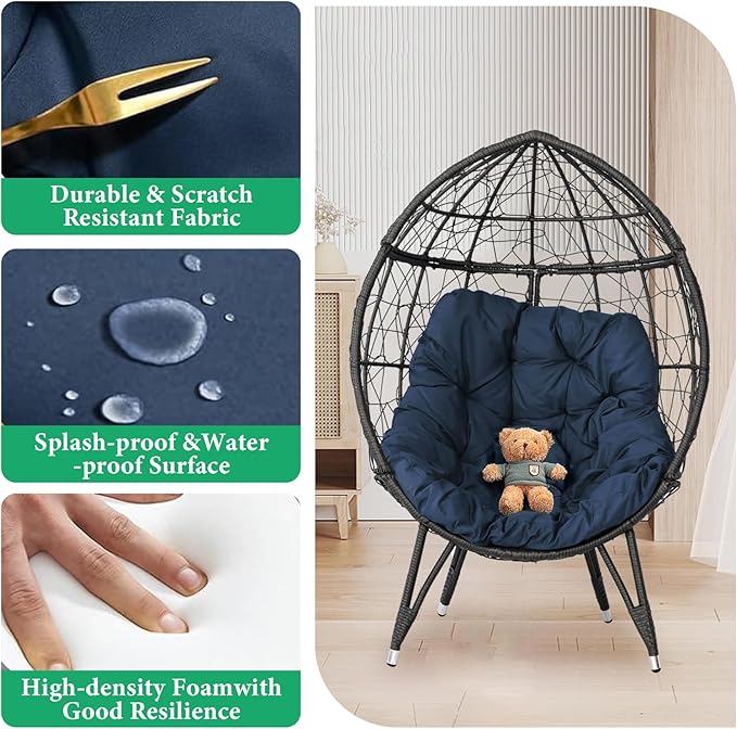 Outdoor Egg Chair, Part of Patio Conversation Set, All-Weather Wicker Lounge Chair with Thick Cushions, Single Seat for Balcony, Garden, Porch, Blue