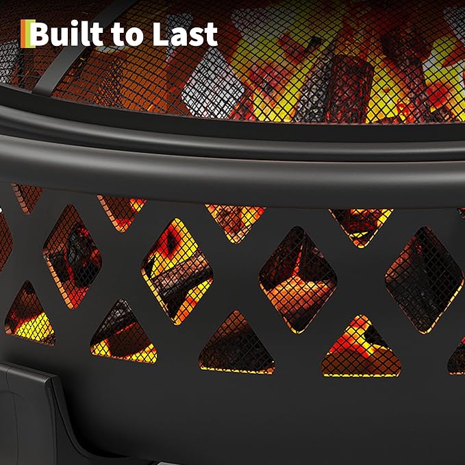 37 Inch Outdoor Fire Pit with Stoker Tool, Firepits for Outside with Spark Screen Cover, Wood Burning Fire Pit for Camping, Patio, Backyard