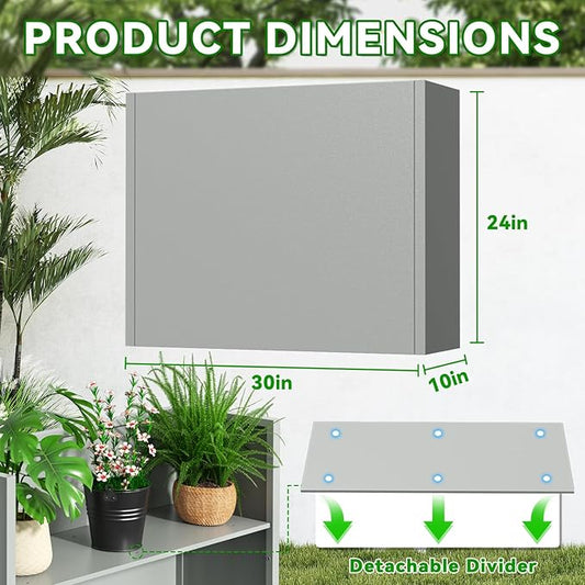 Tall Metal Planter Box, 30" L x 10" W x 24" H Large Outdoor Planters with Drainage & Adjustable Shelf, Heavy Duty Steel Rectangular Planter for Patio, Balcony, Indoor(Gray)