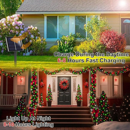 4 Pack 180FT Solar Christmas Lights Outdoor Waterproof, Super Bright 320 LED Solar String Lights with 8 Lighting Modes, Green Wire Solar Twinkle Tree Lights for Outside Xmas Party(Red White and Green)