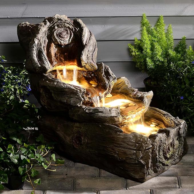 31.5" L Garden Water Fountain Indoor/Outdoor, Artifical Imitation Wood Outdoor Water Fountain Natural Waterfall with LED Lights for Patio,Porch,Backyard,Home Art Decor Big Clearance