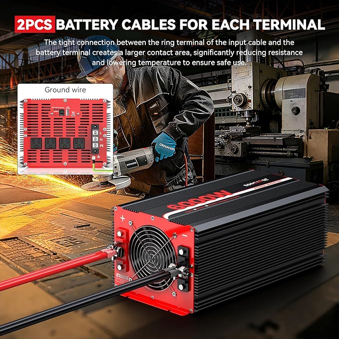 6000W Power Inverter 12V DC to 120V AC Converter for Truck, Home, RV, Peak 12000W Off-Grid Solar Power Inverter with 4 AC Outlets, USB Port,Type-C Port, Remote Controller with LCD Screen