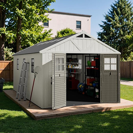 Devoko 10 x 16 FT Resin Outdoor Storage Shed, Extra Large Plastic Shed with Skylight, Floor and Lockable Door, Storage Bike, Tools, Lawn Mower for Garden, Backyard, Patio, Beige