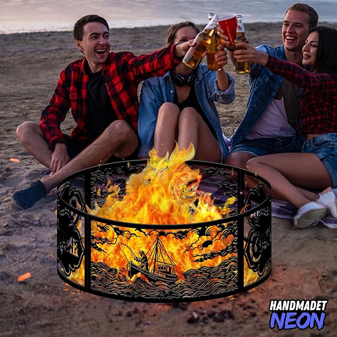 Personalized Fire Pit Ring 360 Degree, Outdoor Fireplace, Custom Text Fire Pits for Outside, Patio Firepit, Camping Bonfire Firepits, Garden BBQ Backyard Decor (Fishing Boat)