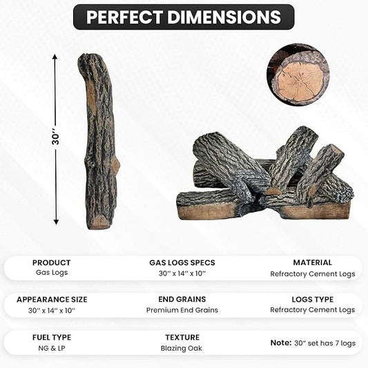 30" Premium Gas Logs - for Vented Fireplaces, Natural Gas or Liquid Propane - Blazing Oak Design (Logs Only)