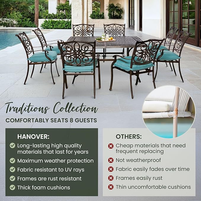 Hanover Traditions 9-Piece Patio Dining Set with 60" Square Cast-Top Dining Table and 8 Chairs with Blue Cushions, Modern All Weather Outdoor Dining Set with Rust-Resistant Aluminum Frames