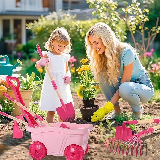 Duckura Kids Gardening Tools Set - 7pcs Wheelbarrow Set for Kids with Shovel, Rake, Leaf Rake, Summer Outdoor Yard Digging Weed Toys, Valentine's Birthday Gifts for Boys Girls Age 2 3+ Years Old(Pink)