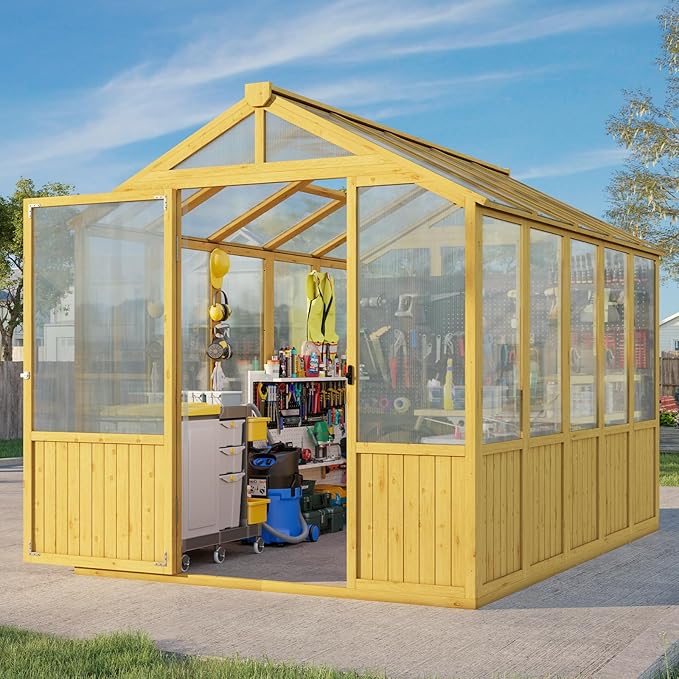 Jocisland 6x8x6.5 Ft Wooden Outdoor Storage Shed, Pre-Assembled Cedar Frame, Outdoor Shed with Lockable Door, Adjustable Roof Vents, Polycarbonate Panels for Outdoor, Garden, Backyard