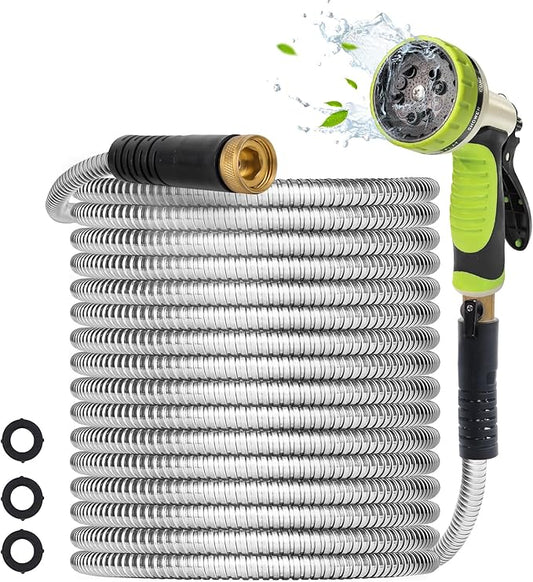 Metal Garden Hose 50FT - Stainless Steel Water Hose With 10 Function Nozzle & 3/4" Fitting, Lightweight, Heavy Duty, No Kink & Leak Proof Flexible Hose for Yard, Outdoor, Lawn, Car Washing