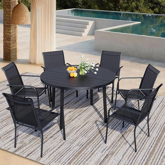 7 Pieces Patio Dining Set for 6, Black Patio Stackable Chairs and Black Round Table Set of 6, Outdoor Furniture Set with Sling Support for Outside, Garden