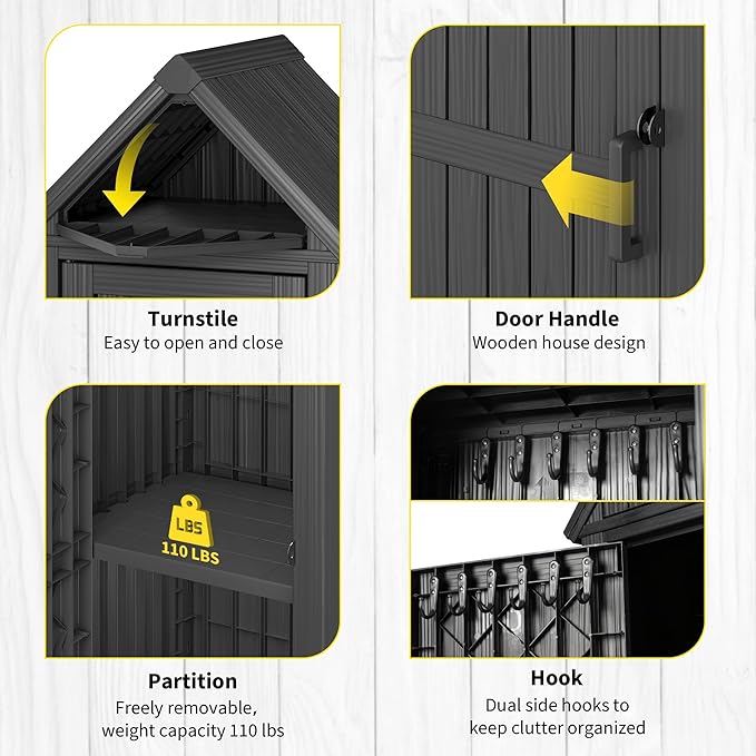 Fancyango Outdoor Resin Storage Shed, Upgrade Sturdy Storage Cabinet with Removable Shelves and Lock Ring, Reinforced Floor, All-Weather Construction for Garden Patio Lawn (Black)