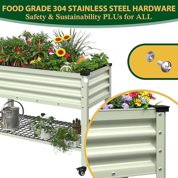 48" W x 24" D x 34" H Galvanized Raised Garden Bed with Lockable Wheels, Raised Garden Beds Outdoor with Drainage Gaps & Shelf, Planter Boxes Outdoor for Backyard, Patio, Balcony, Beige