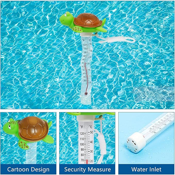 Floating Pool Thermometer, Large Display with String Easy to Read, Shatter Resistant, for Outdoor & Indoor Swimming Pools, Spas, Hot Tubs & Aquariums (Turtle)