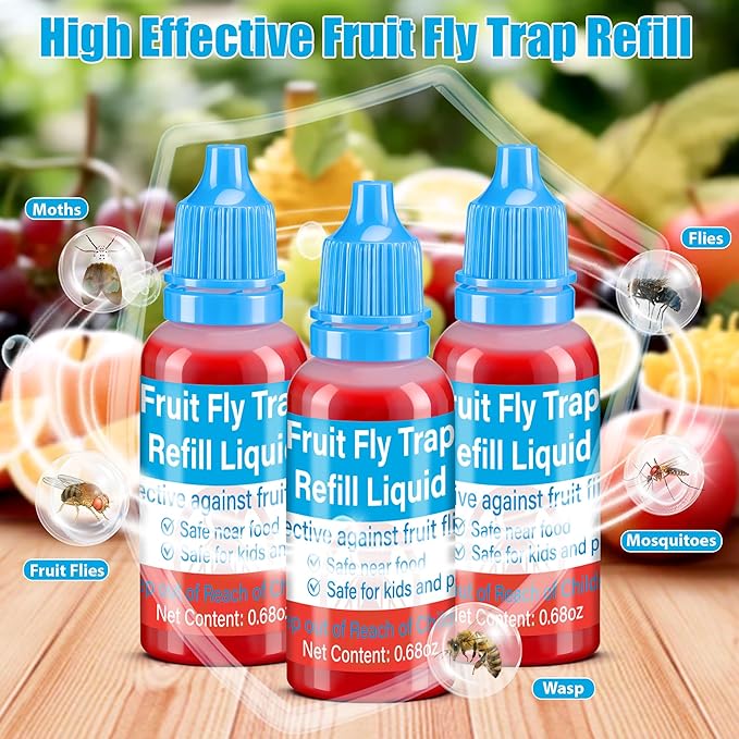 Fruit Fly Trap Refills Liquid Only, 8 Pack for Indoors, Refill Liquid for Gnats Fruit Fly and Mosquito Traps, Fruit Bait Home, Kitchen, Safe Near Pets and Food