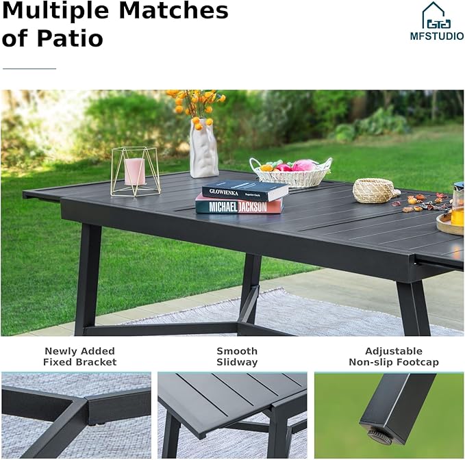 MFSTUDIO Outdoor Dining Expandable Table,Adjustable Outdoor Inclined Leg Rectangle Table for 6-8 Person Lawn,Garden,Black Metal Frame