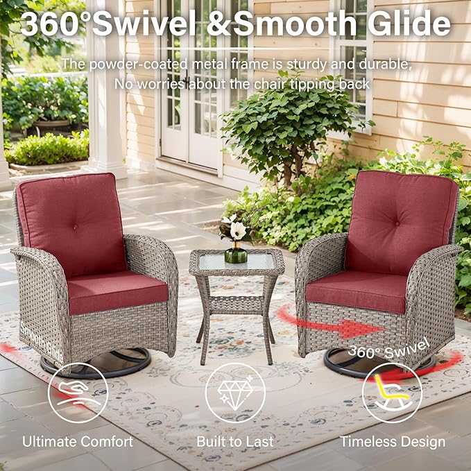 Belord 5 Pieces Wicker Patio Furniture Set - Swivel Rocker Outdoor Chairs with Ottomans and Side Table, Small Patio Conversation Set for Porch Deck Backyard Red