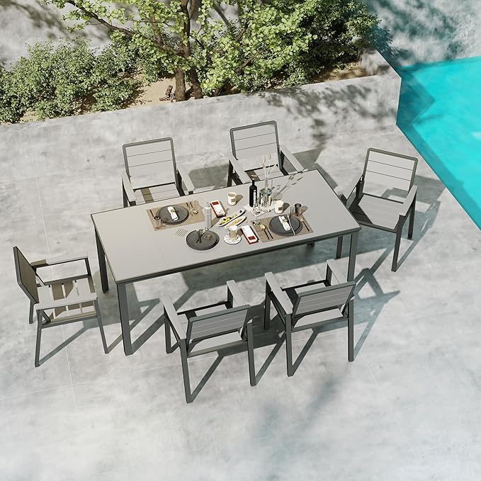 Kingdura 7 Piece Patio Dining Set for 6, HDPE Outdoor Table & Chairs with Umbrella Hole, All-Weather Outdoor Furniture Patio Conversation Set for Lawn Pool Backyard, Grey