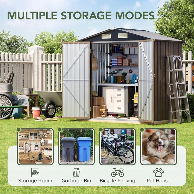 6x4 FT Outdoor Metal Storage Shed, Double Doors,Tool Shed for Garden, Patio, Backyard Brown